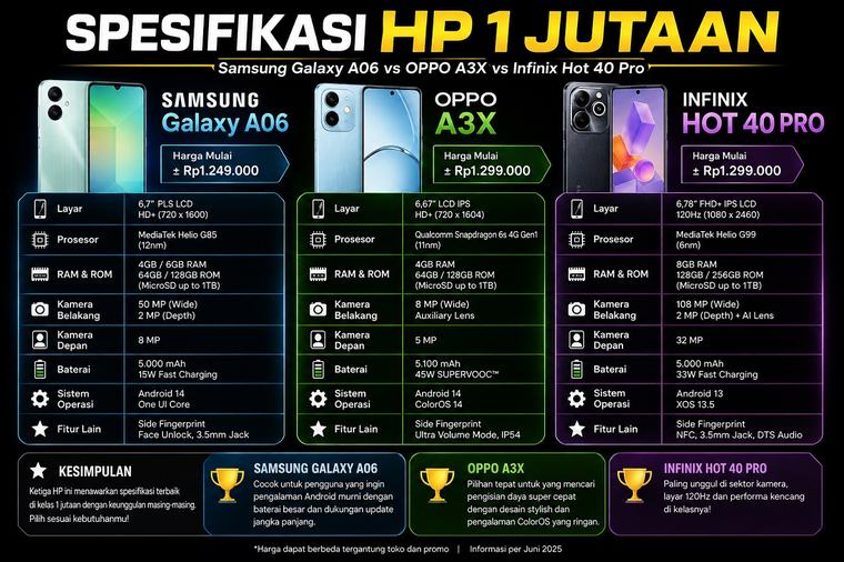 Adu Spesifikasi HP 1 Jutaan: Samsung Galaxy A06, OPPO A3X dan Infinix Hot 40 Pro