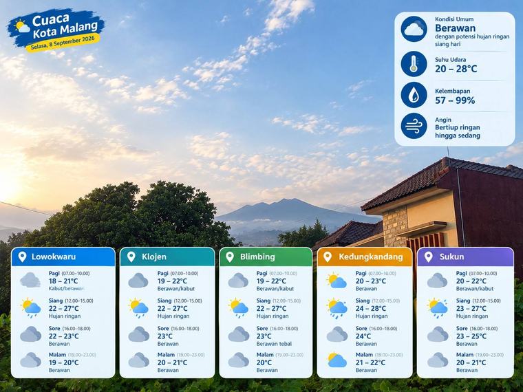 Prakiraan Cuaca Kota Malang 8 September: Suhu 20-28 Derajat, Langit Dominan Berawan