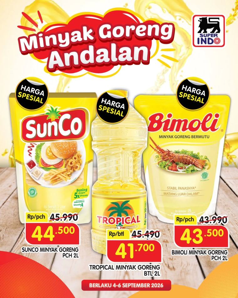 Diskon Minyak Goreng Super Indo 4-6 September 2026, Promo Ukuran 2 Liter Jadi Rp 41.700 Belanja 05/09/2026