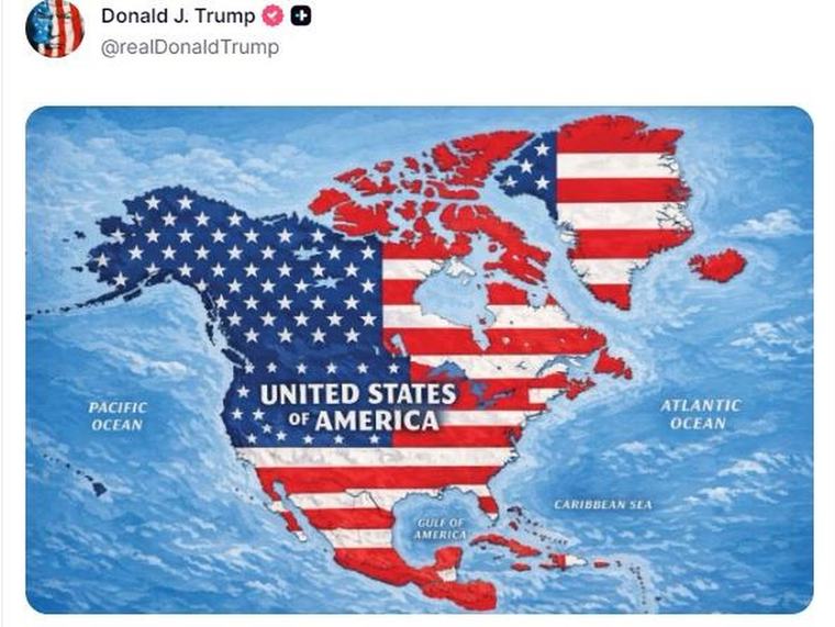 Heboh Trump Posting Peta Meksiko-Kanada-Greenland Ditutupi Bendera AS