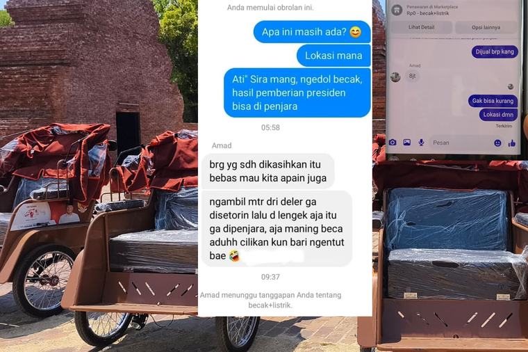 Ya Ampun! Becak Listrik Pemberian Prabowo Dijual Rp8 Juta di Cirebon